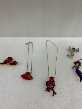 Red Hat Style Jewelry Lot 4 Pc Necklaces Brooches. Silver piece not included